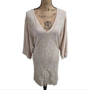 Miilla Tan & Cream Relaxed V-Neck Tunic with 3/4 Sleeves Stretch Size Small‎ New